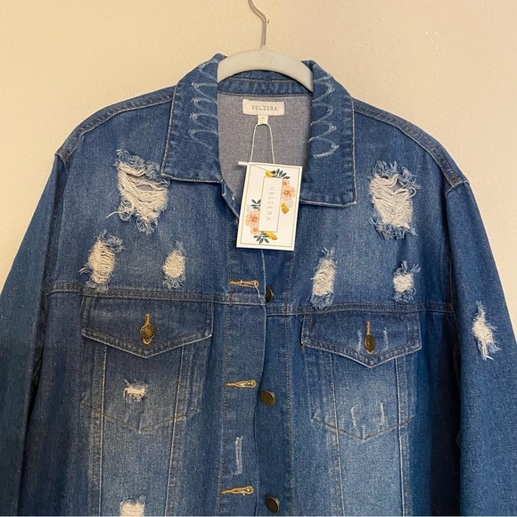 Velzera Embroidered Floral Distressed Denim Jean Jacket Size L - NWT - Picture 5 of 16
